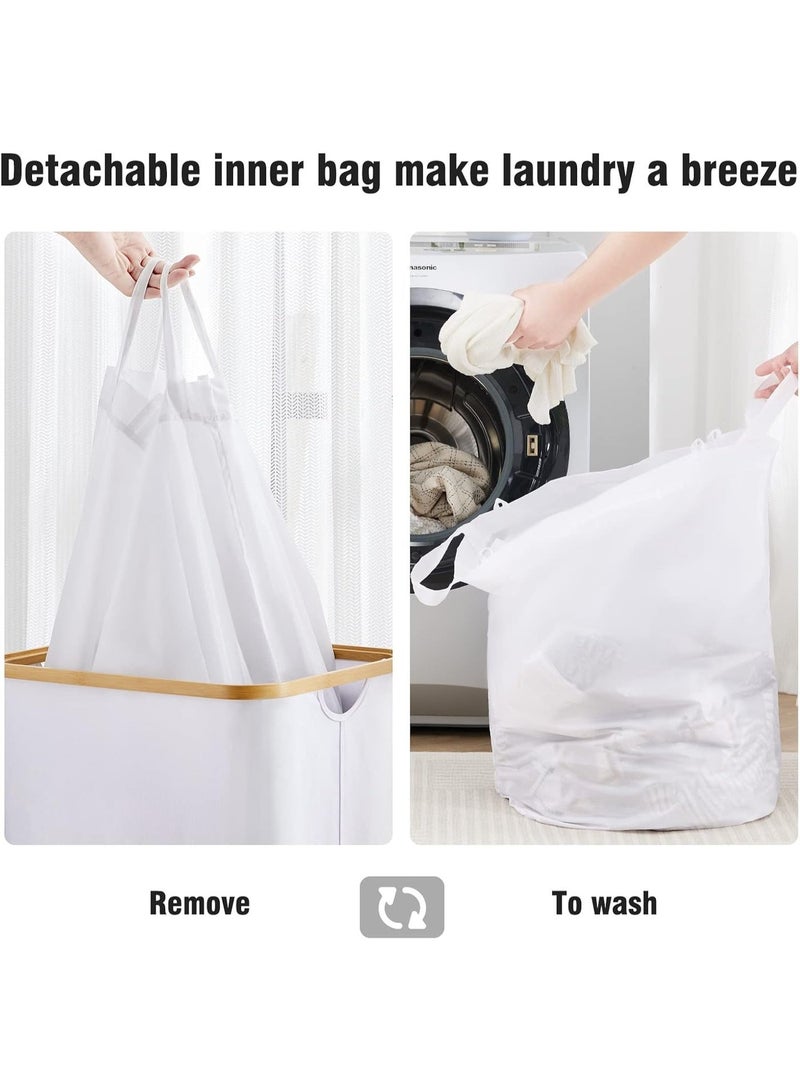 Large Laundry Hamper with Lid by, 100L Tall Laundry Basket with Bamboo Handles for Clothes and Toys, Collapsible Laundry Basket with Removable Inner Bag for Bedroom and Bathroom, White - Image 3